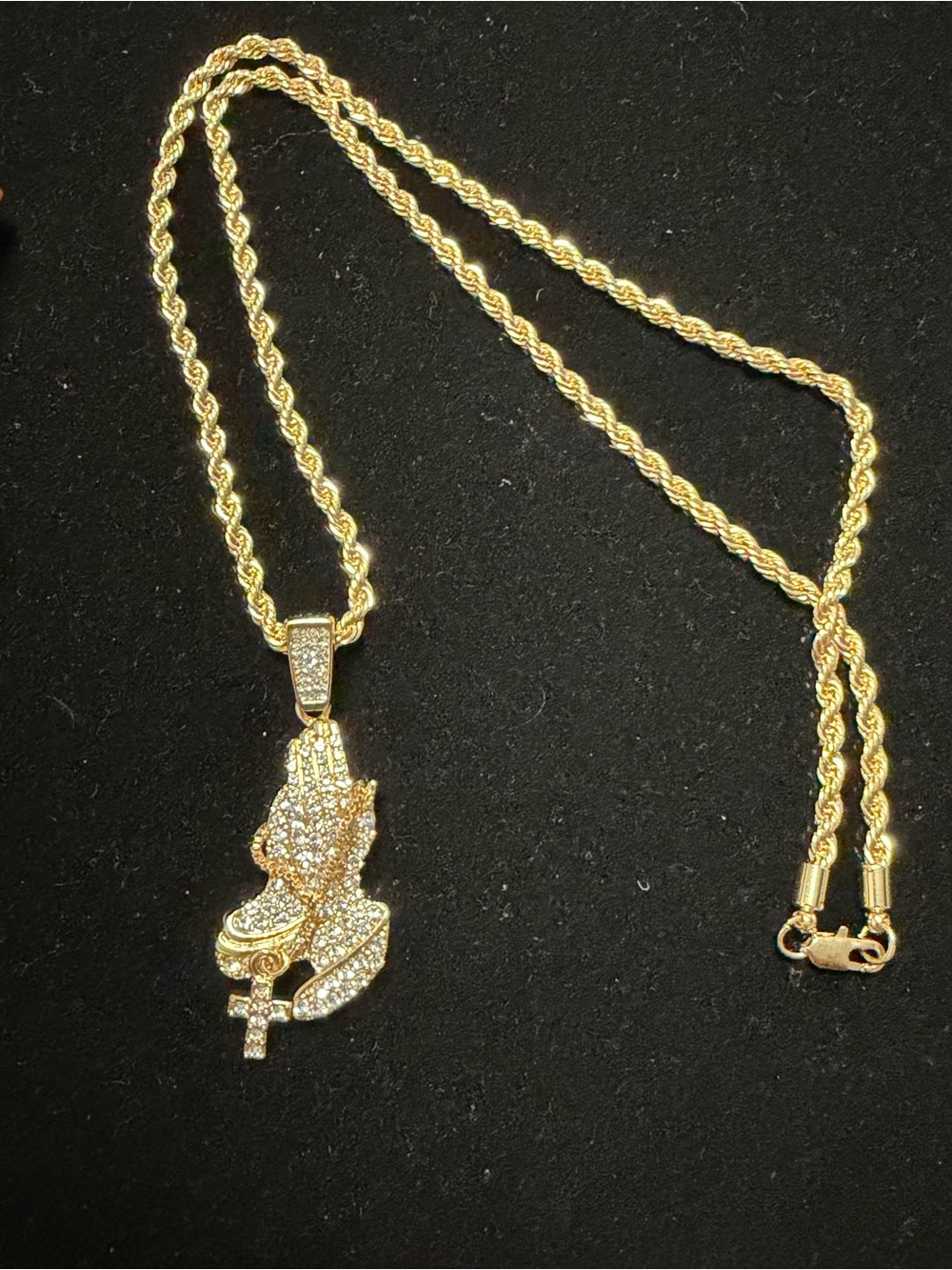 Gold-Tone Praying Hands Pendant Necklace with Crystal Accents
